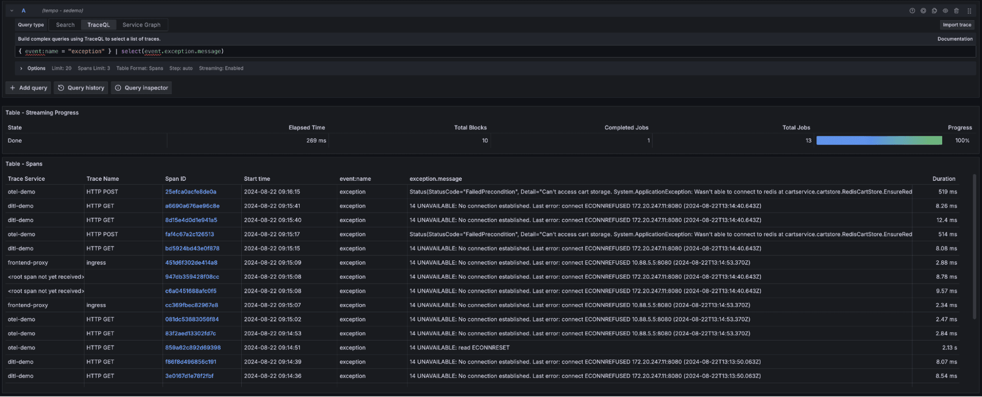 A screenshot demonstrating how to find exceptions in traces.