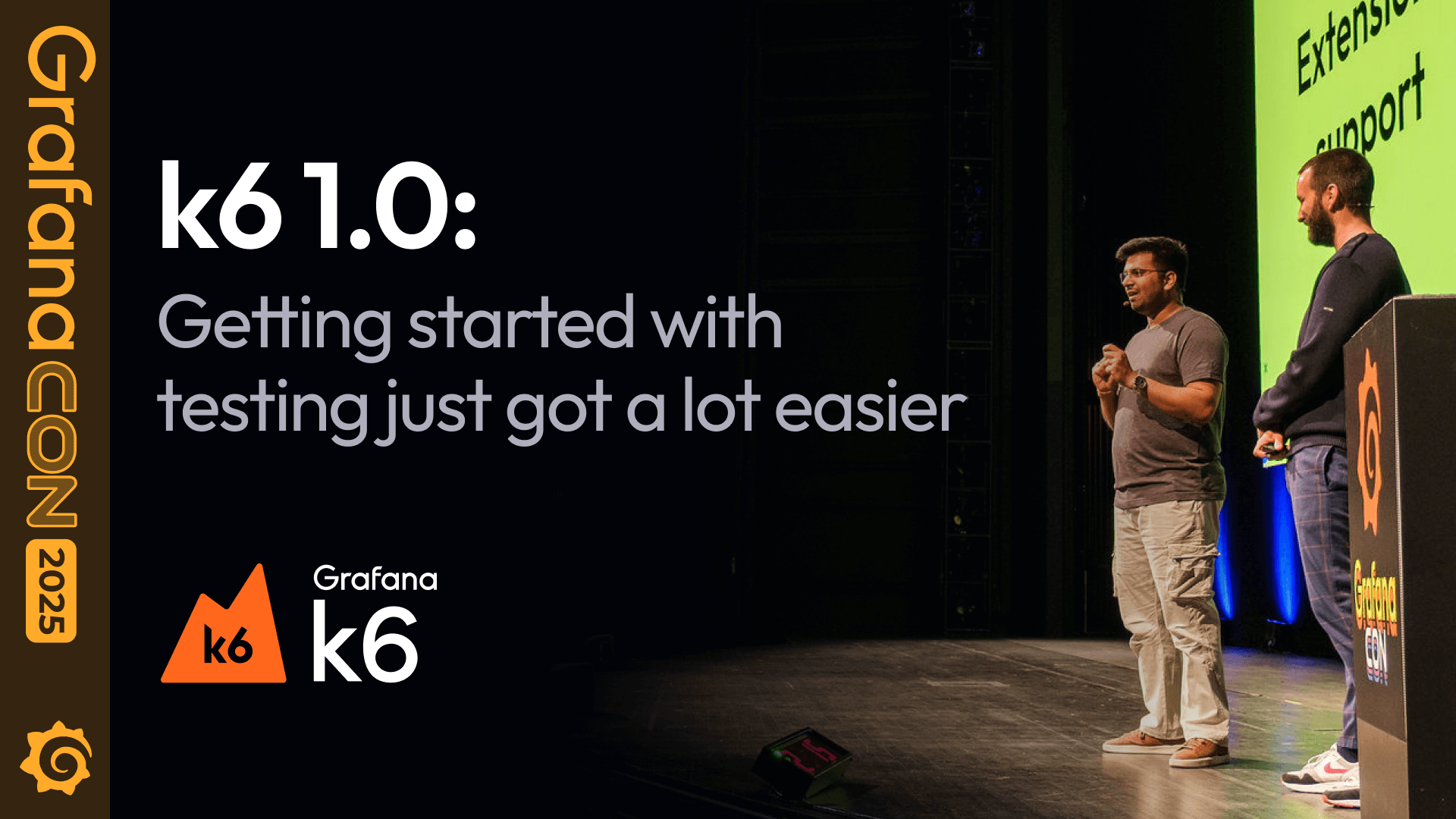 The session card for the k6 1.0 talk.