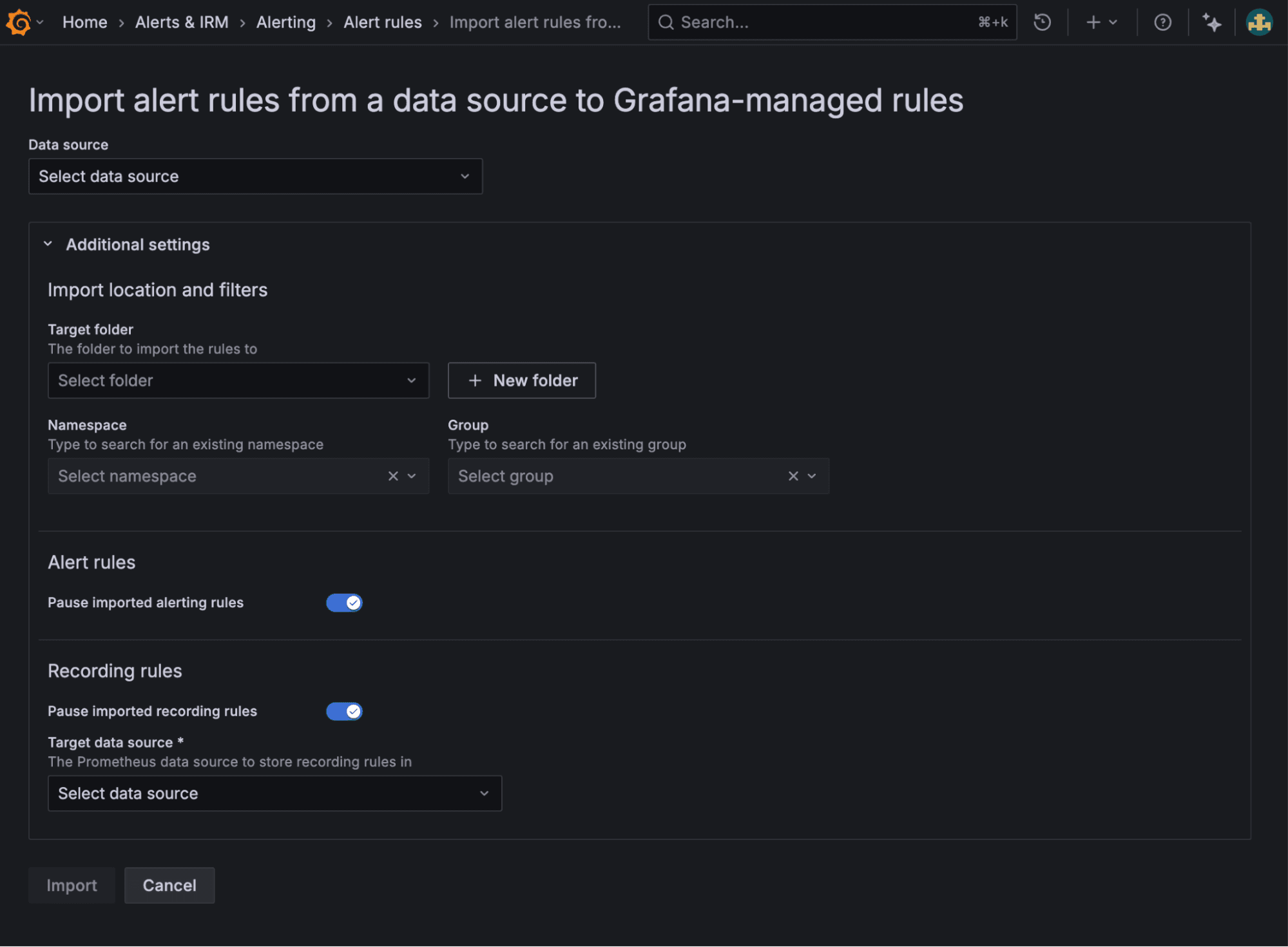 Import alert rules menu in Grafana