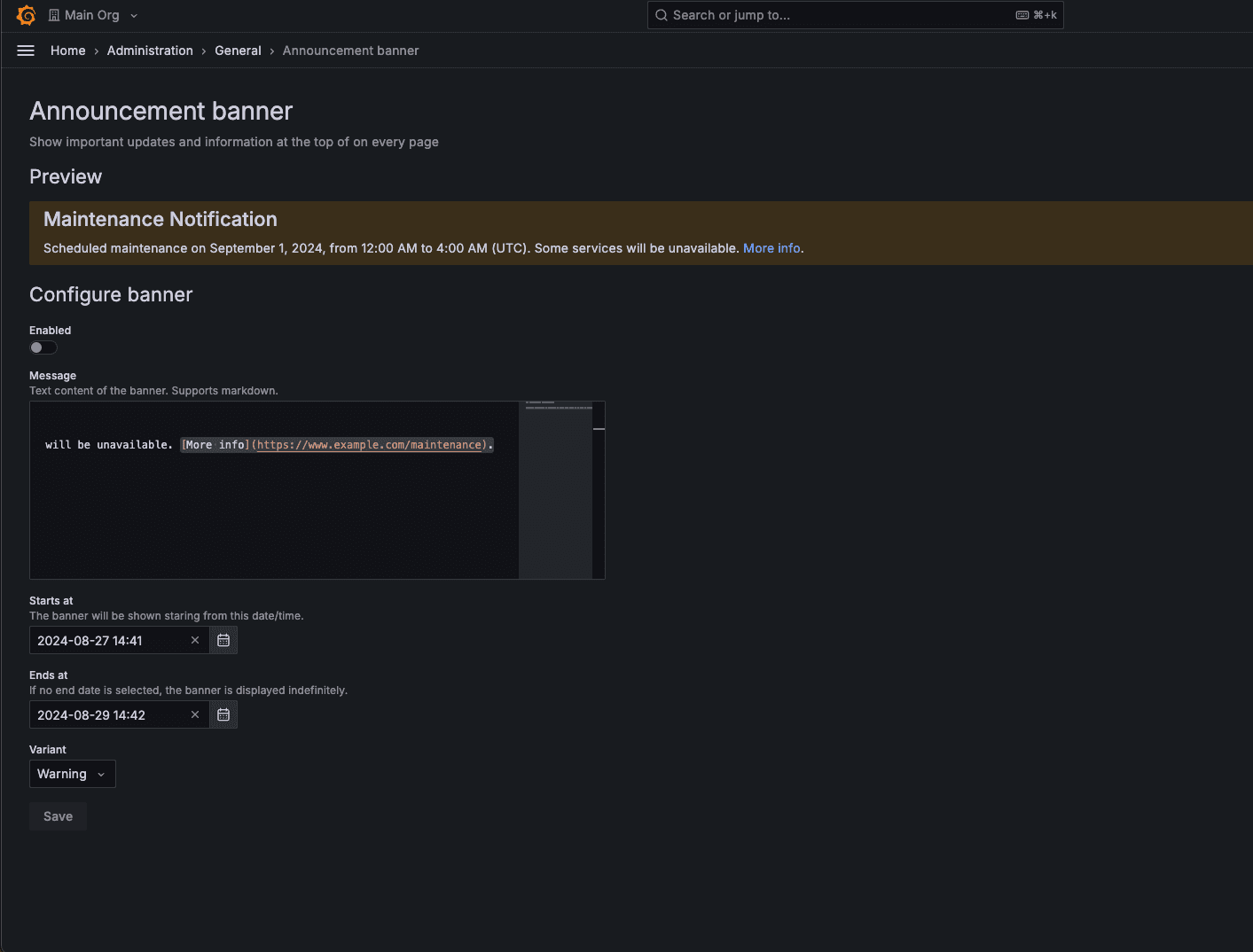 Announcement banner configuration page