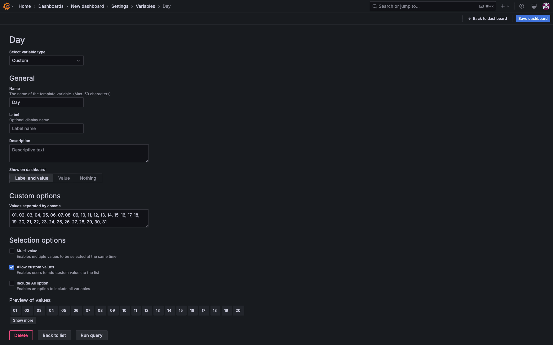 Day variables in Grafana