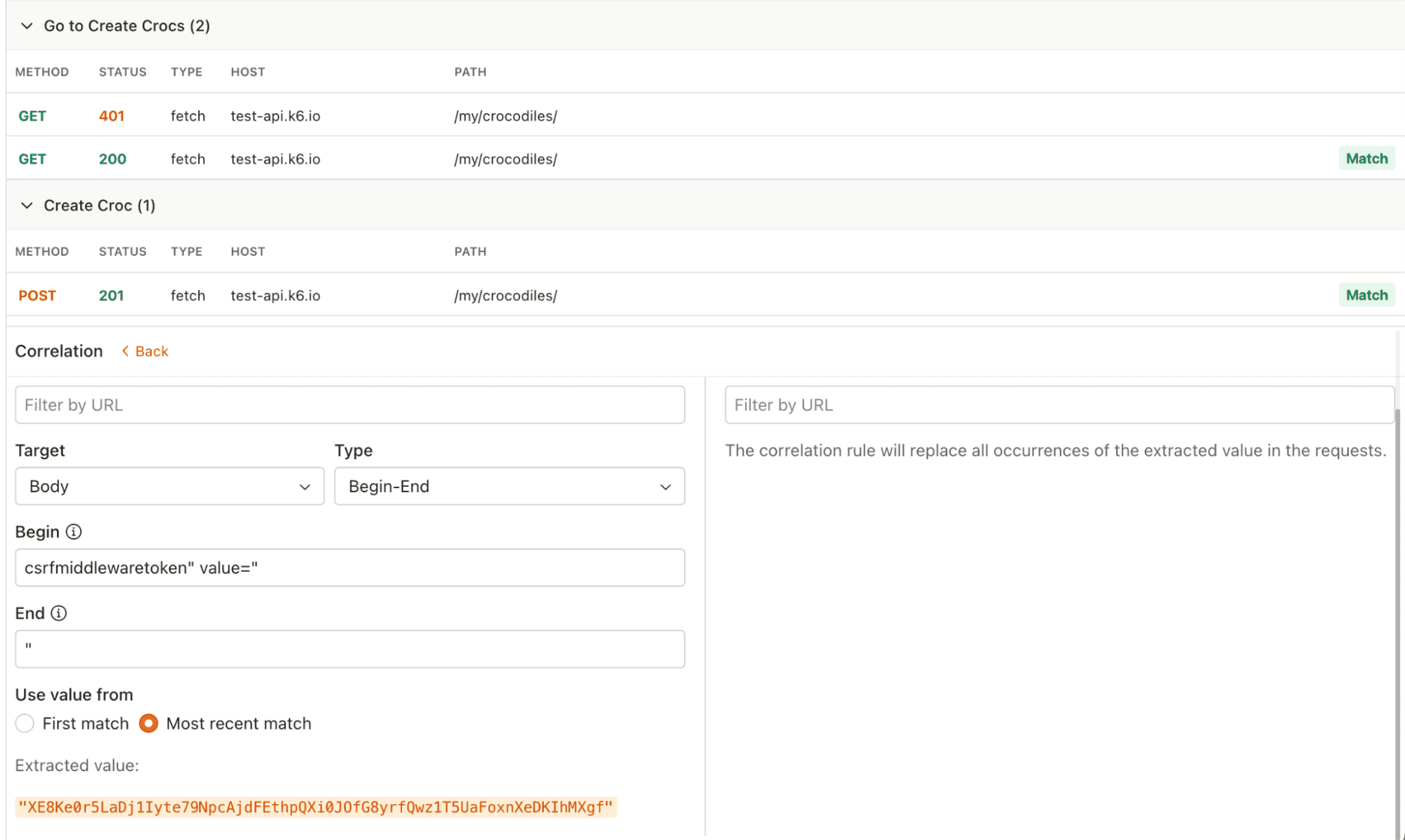 A screenshot showing an example of a correlation rule in k6 Studio.
