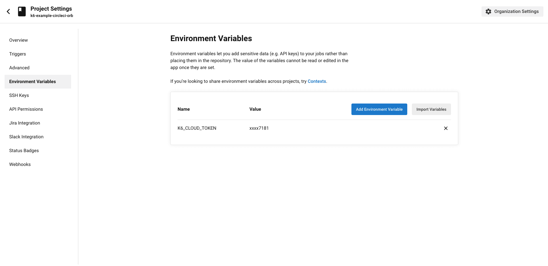 CircleCI Environment Variable for k6 API token and k6 project ID.
