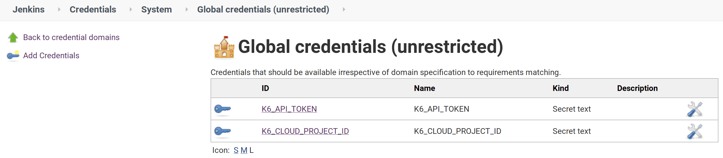 Jenkins credentials for k6 API token