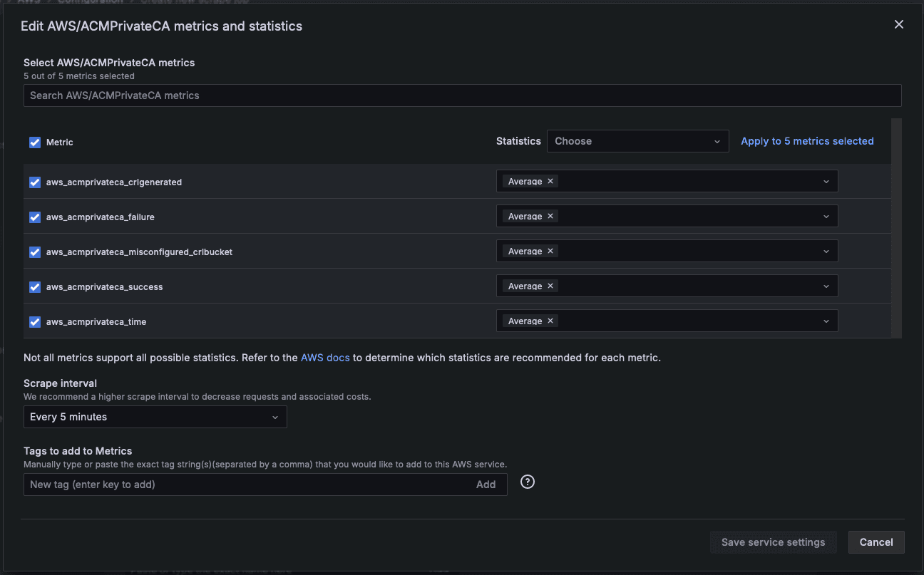 UI for selecting metrics