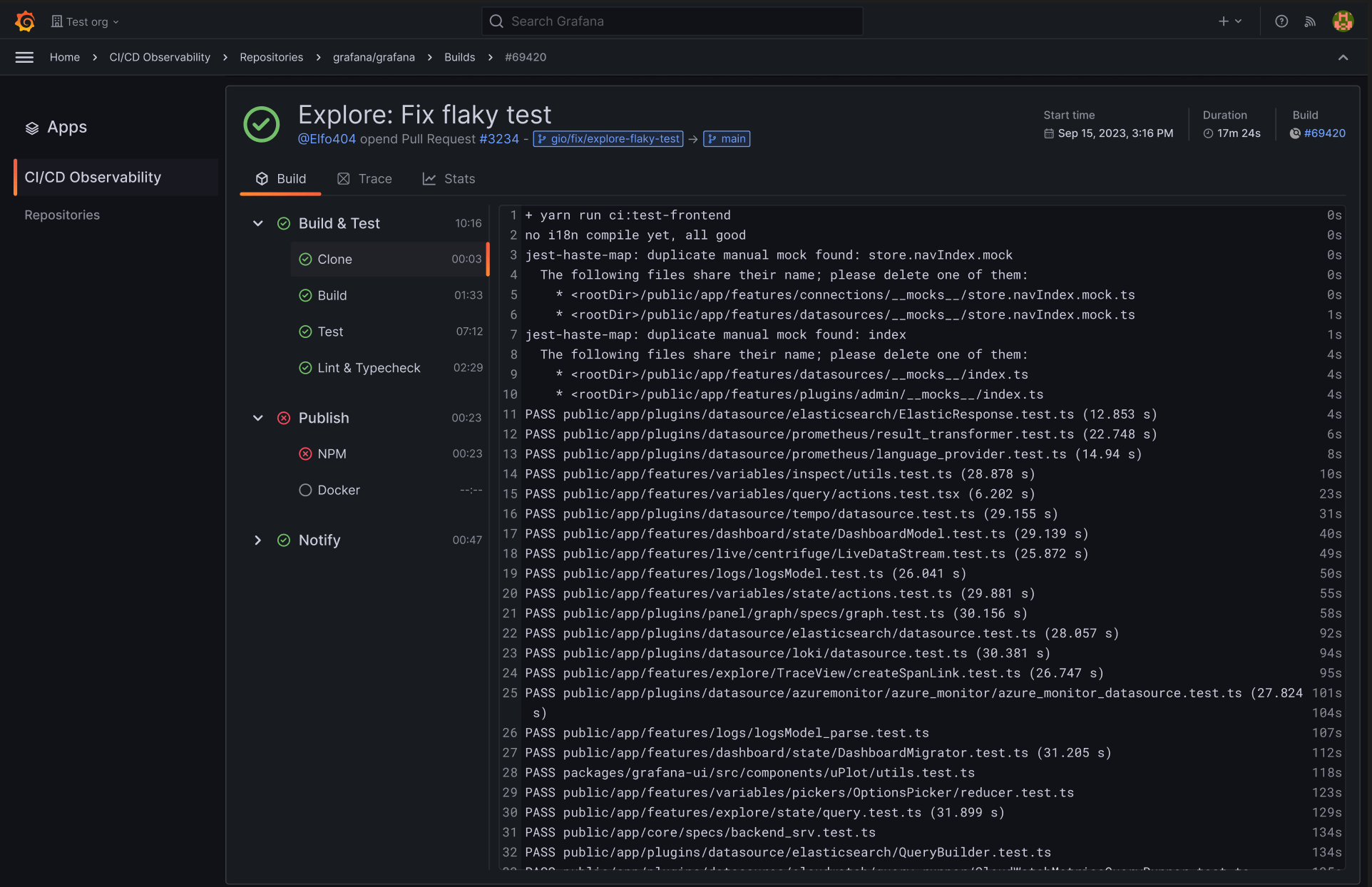 A screenshot of CI/CD Observability exploring a fix to a flaky test