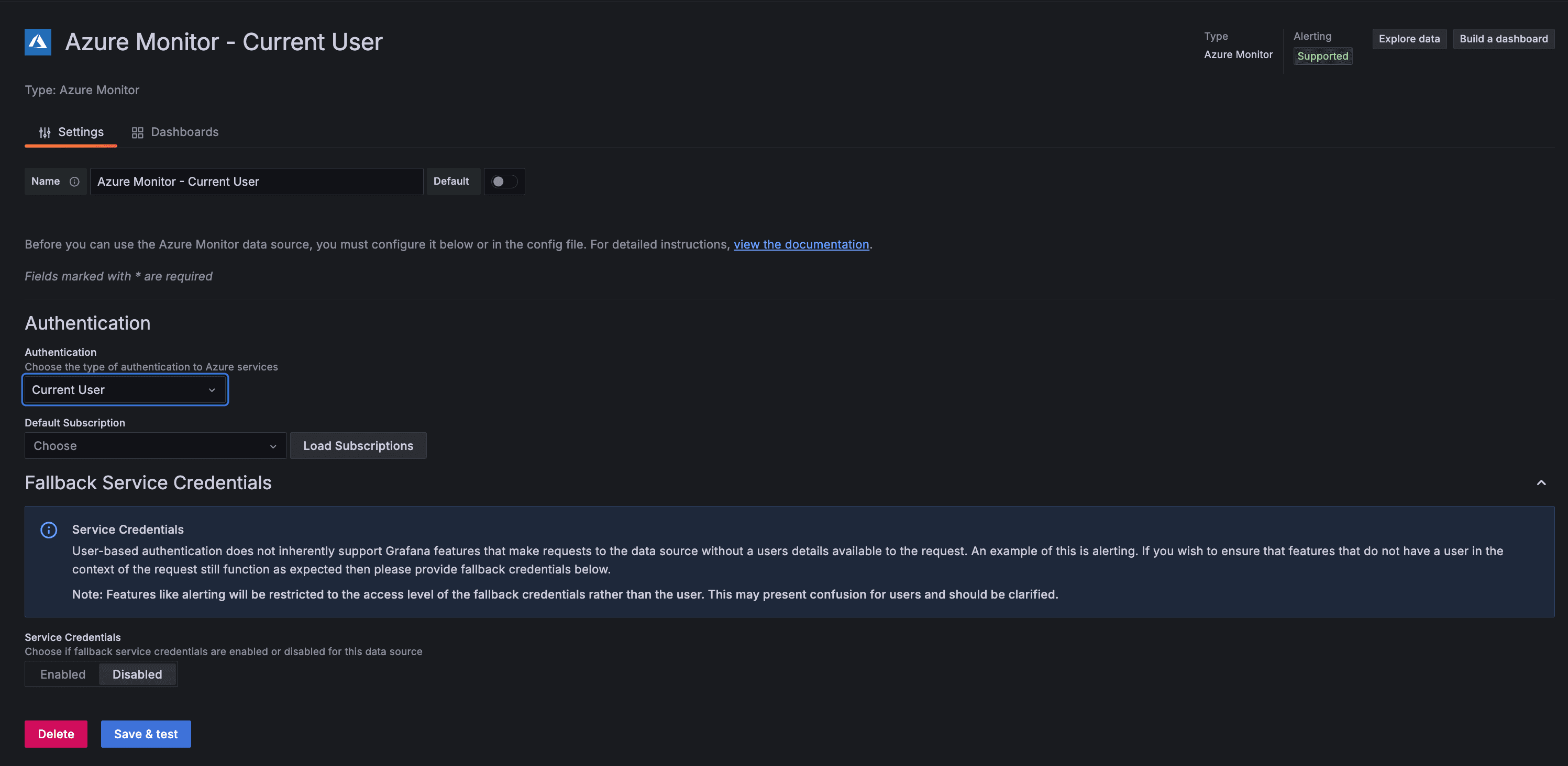 Screenshot of Azure Monitor data source UI