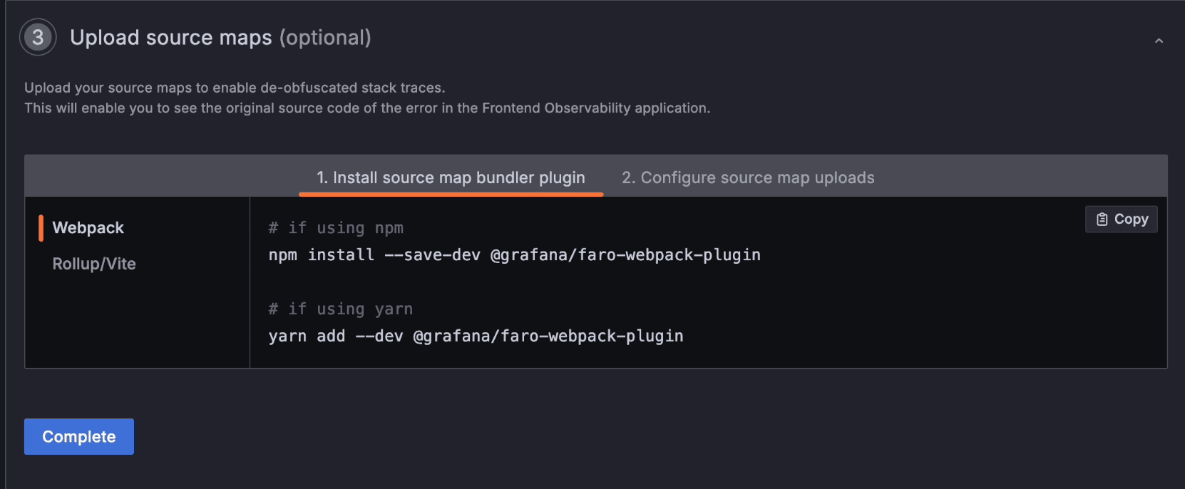 A screenshot of the page where you upload source maps to Faro.