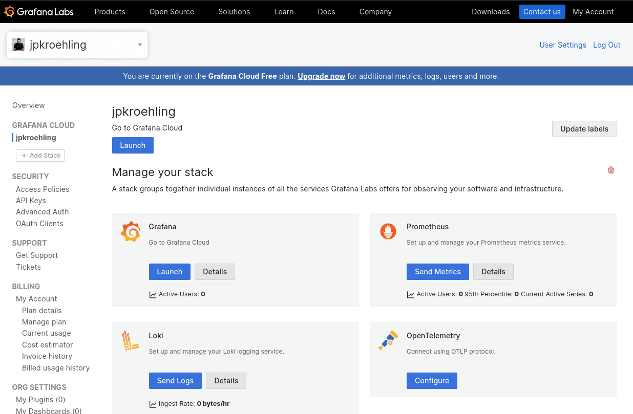 Manage your stack page in the Grafana Cloud UI