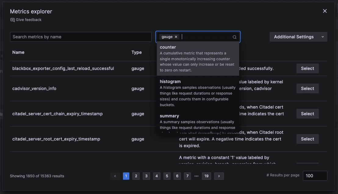 A Grafana menu displays the different filter options.