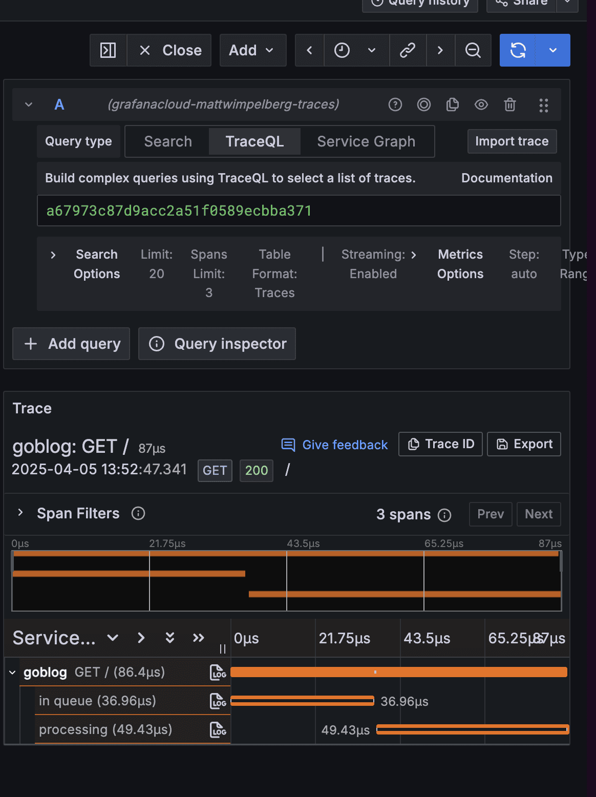 A screenshot of Grafana Cloud Traces.