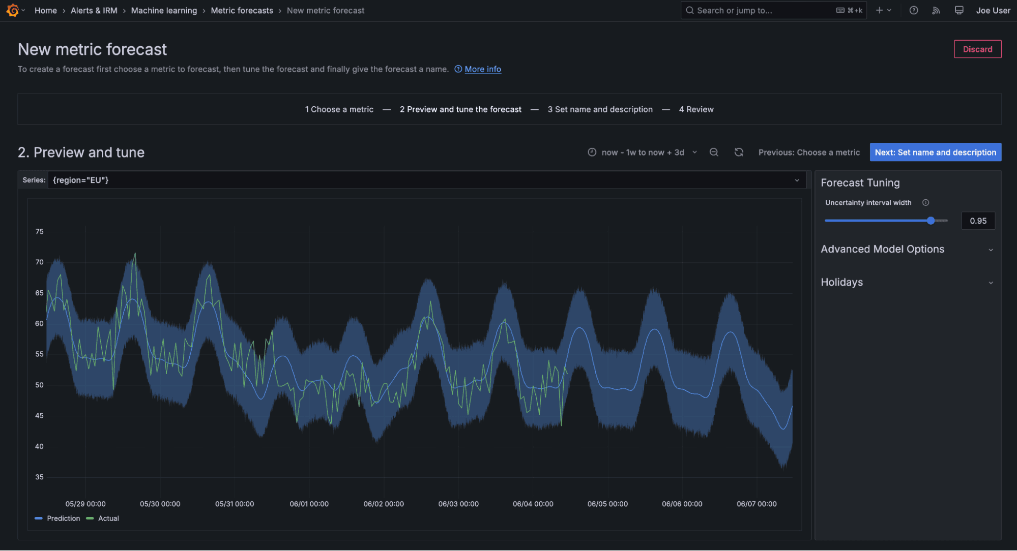 New metrics forecast menu in the Grafana UI