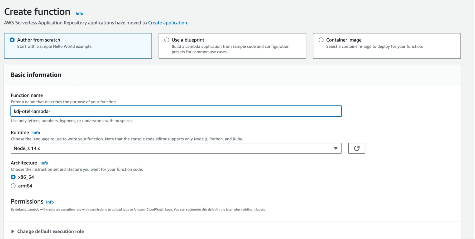 A screenshot of creating a function in AWS