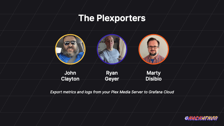 The title card for the hackathon project, with the name of the group and the names and head shots of all three members.