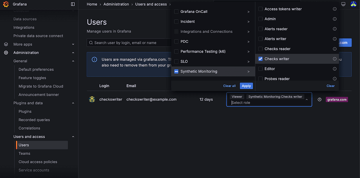 A screenshot of RBAC configurations in Synthetic Monitoring.
