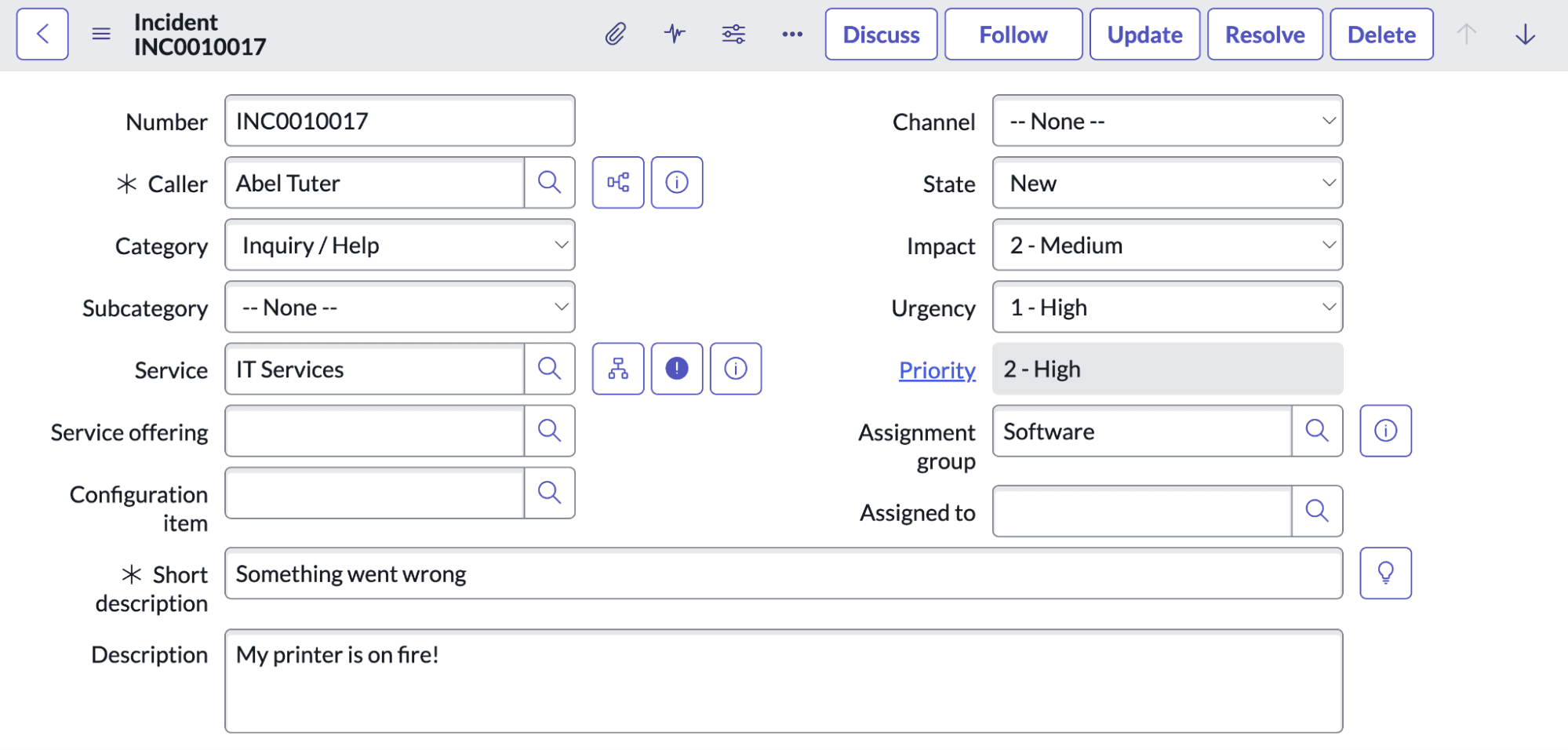 ServiceNow UI incident menu