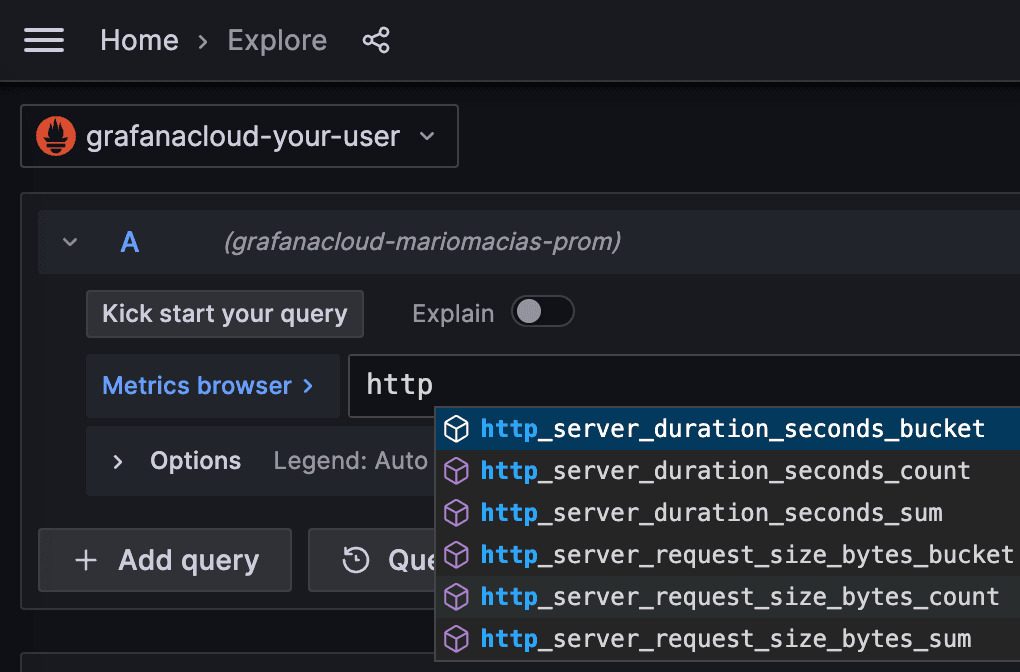 Screenshot of metrics browser in Grafana Cloud