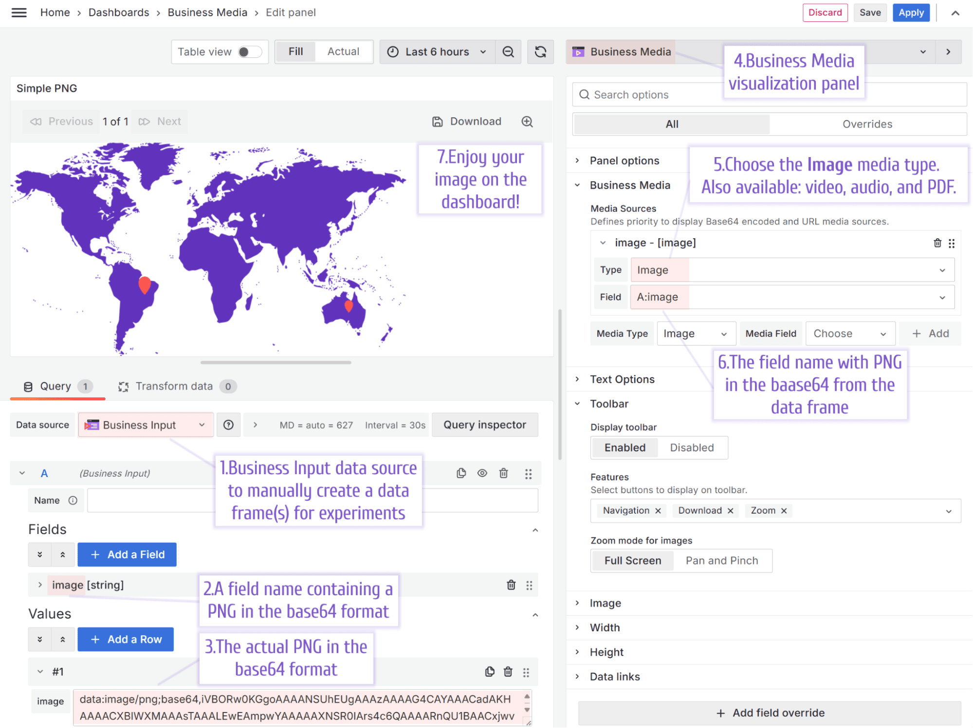 UI screenshot showing how to store and display your first image using the Business Media panel in seven steps.