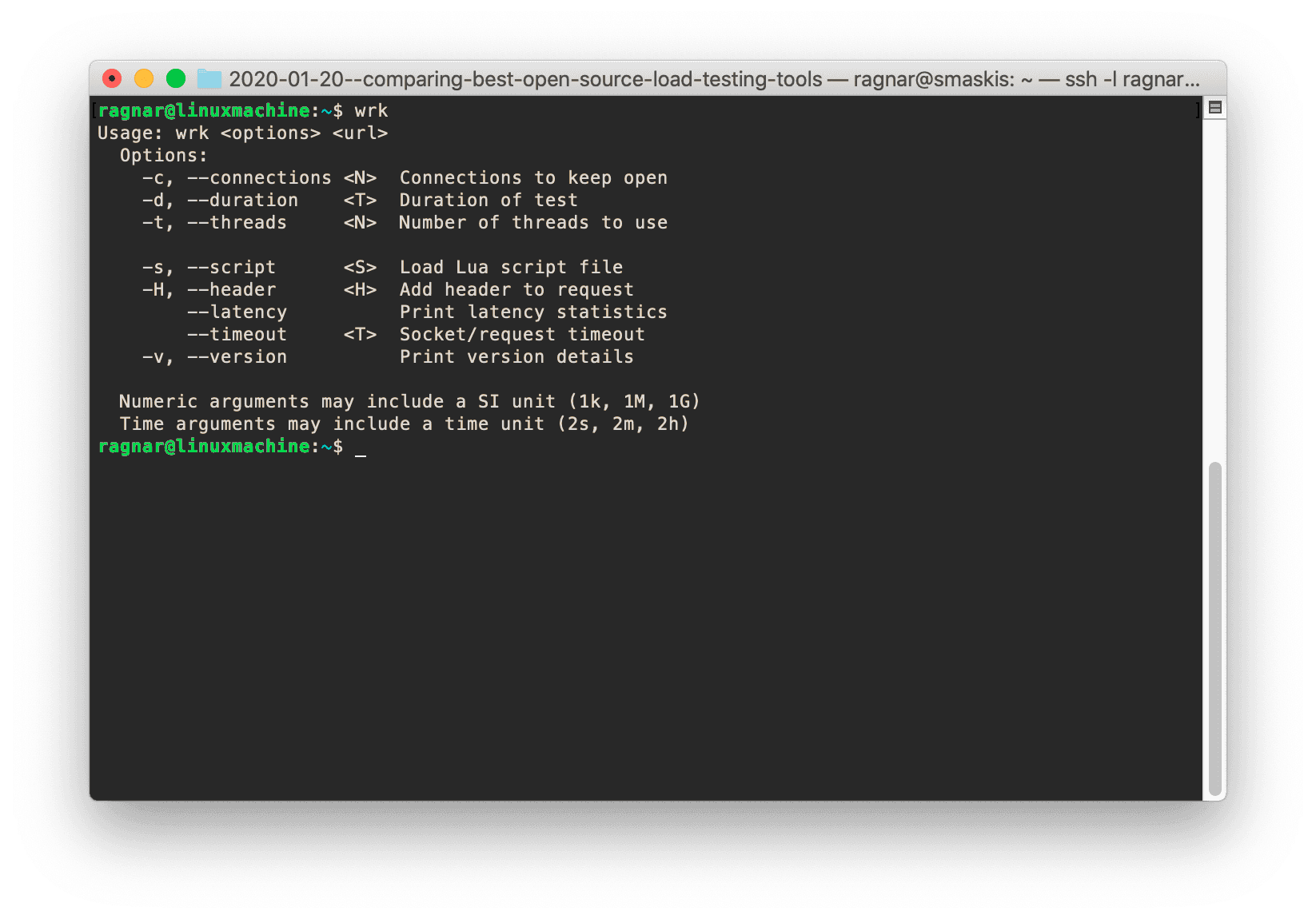 A screenshot of the Wrk help output