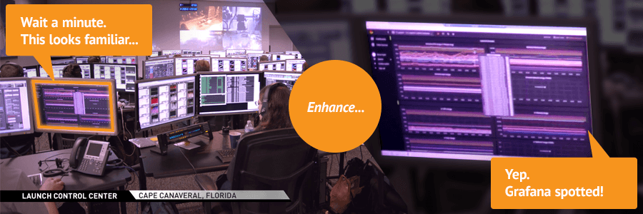 Screenshot from Space X promotional video with illustrations showing Grafana dashboards.