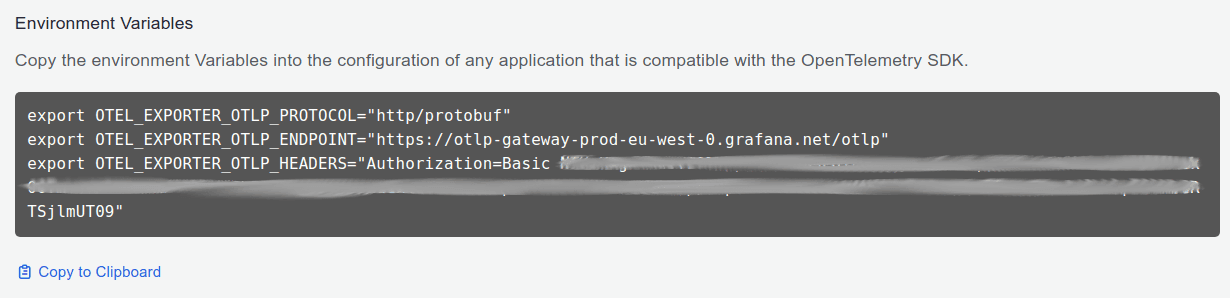 Example of API token generated for OpenTelemetry SDK