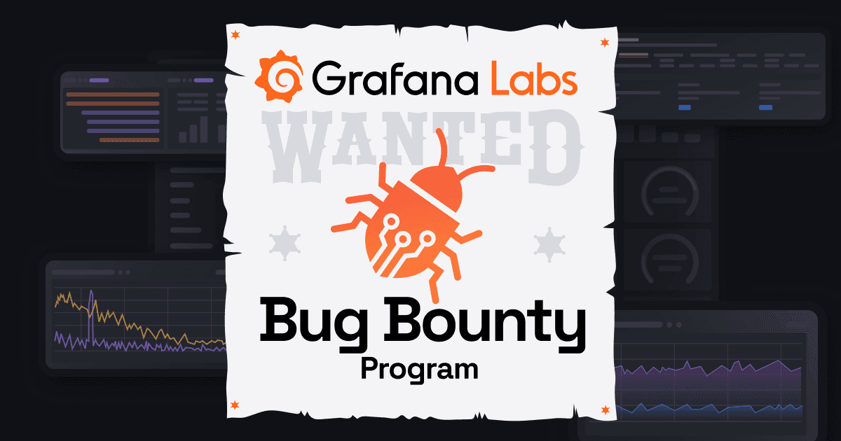 An illustration shows a wanted poster with the the name of the program and an image of an orange bug. Grafana dashboards can be seen in the background.