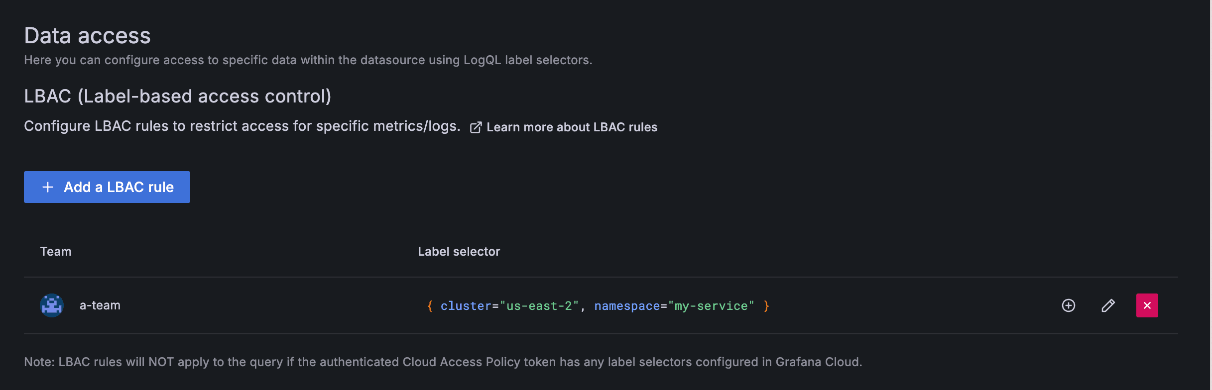 A screenshot showing an option to add a LBAC rule.