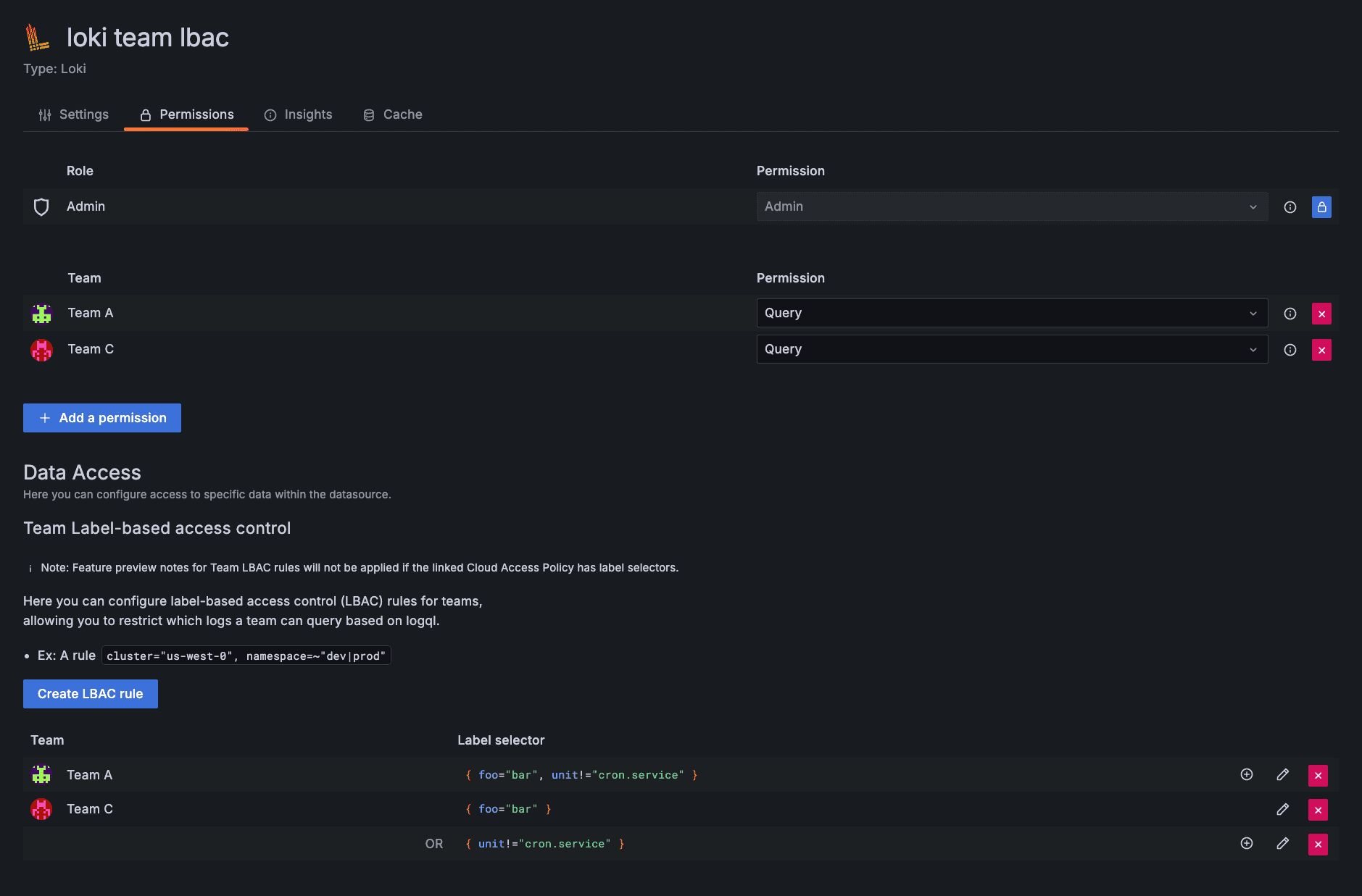 Screenshot of Team LBAC UI in Grafana Cloud Logs