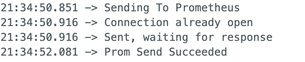 A screenshot of serial monitor logs showing the data is sent to Prometheus.