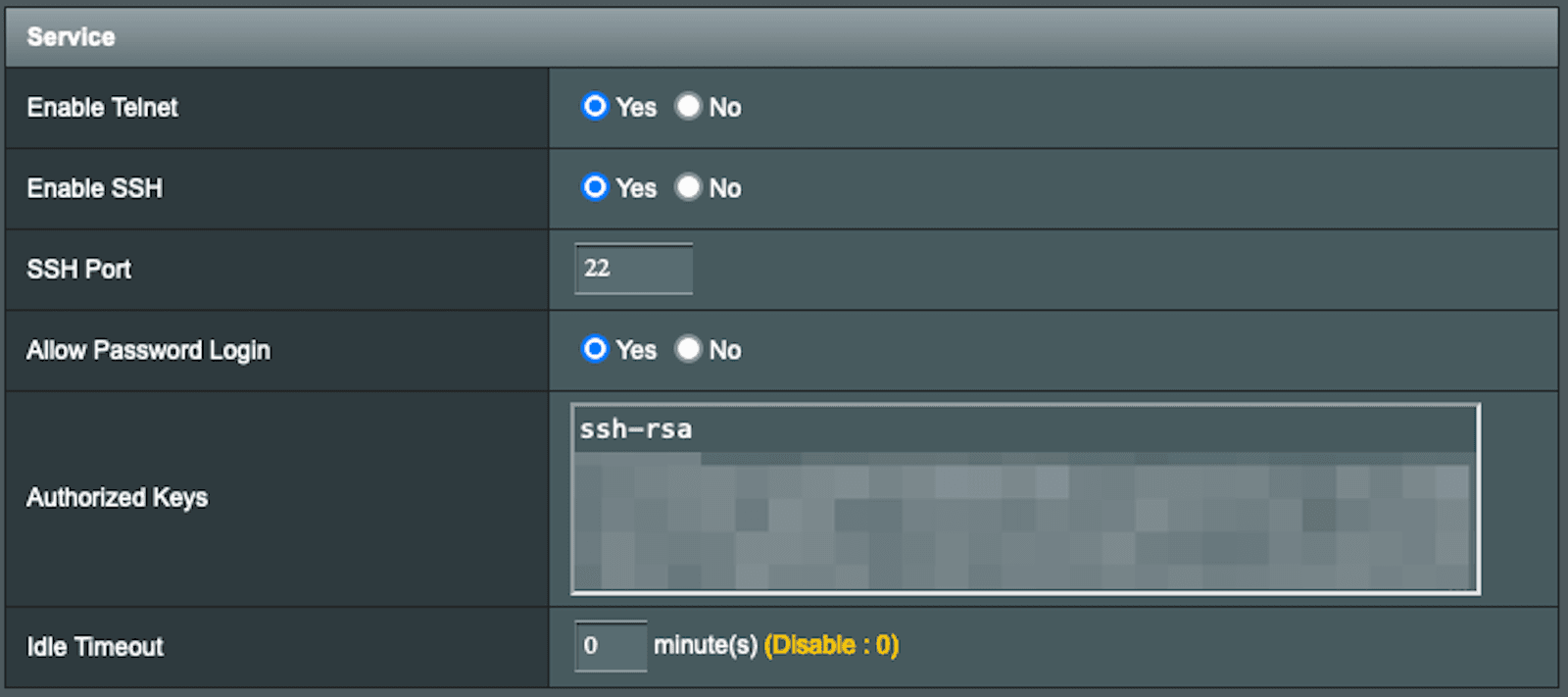 A screenshot showing where to paste a public key into Authorized Keys in a modem's settings.