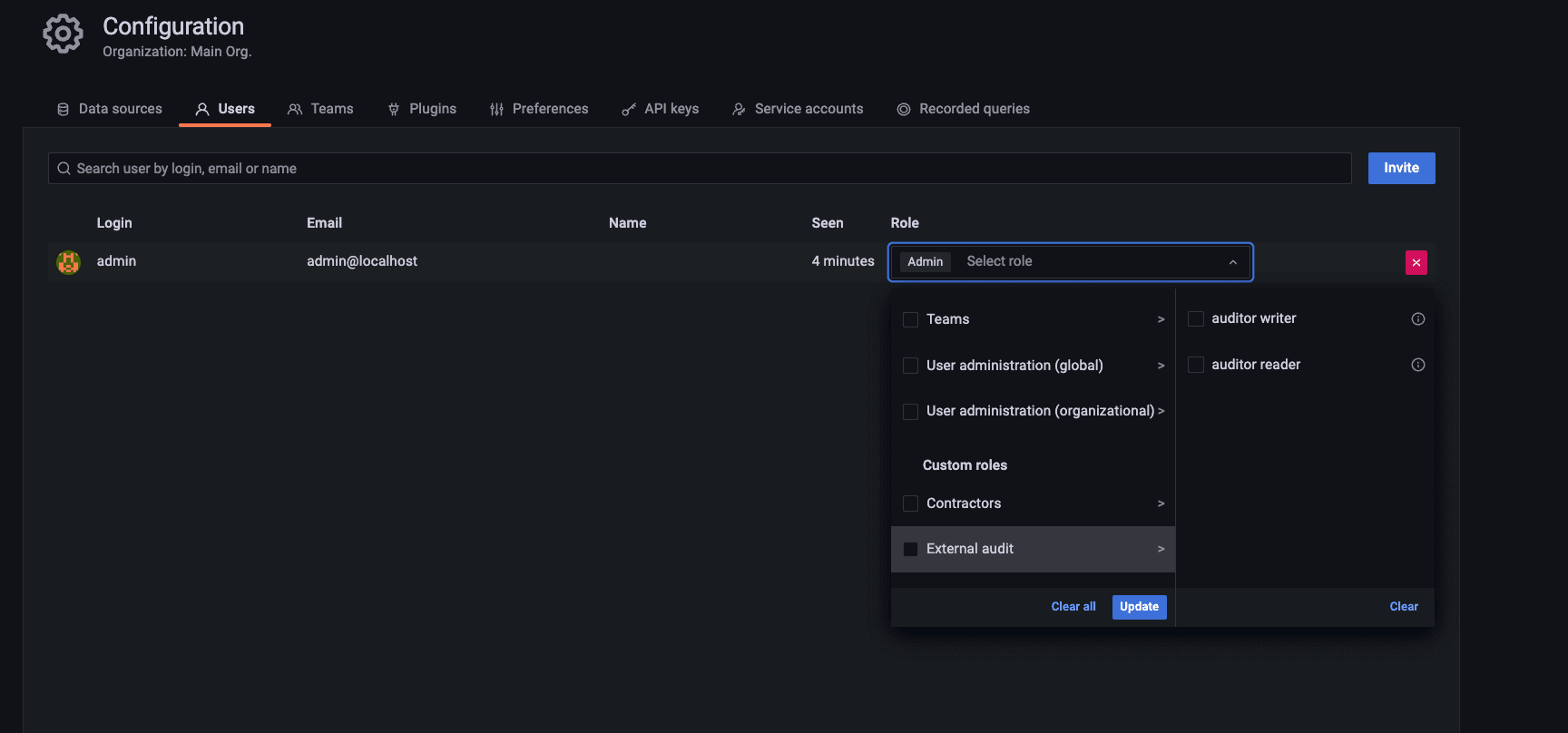 Screenshot of UI for creating custom roles in Grafana 9.2