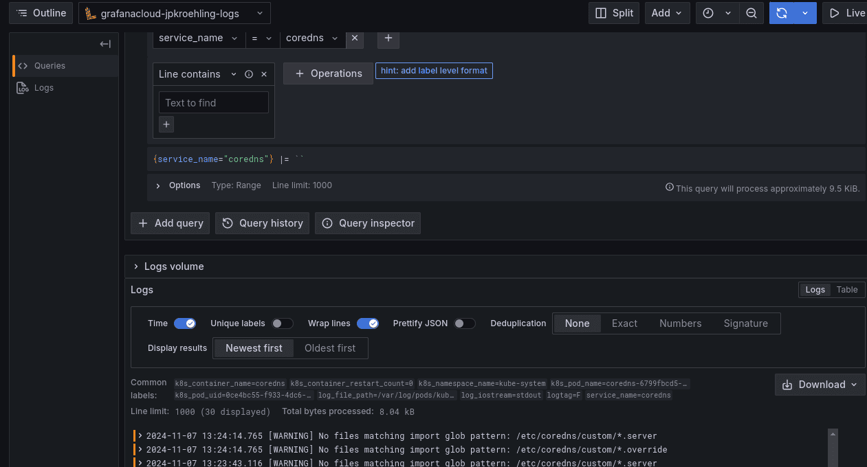 Grafana Cloud Logs query
