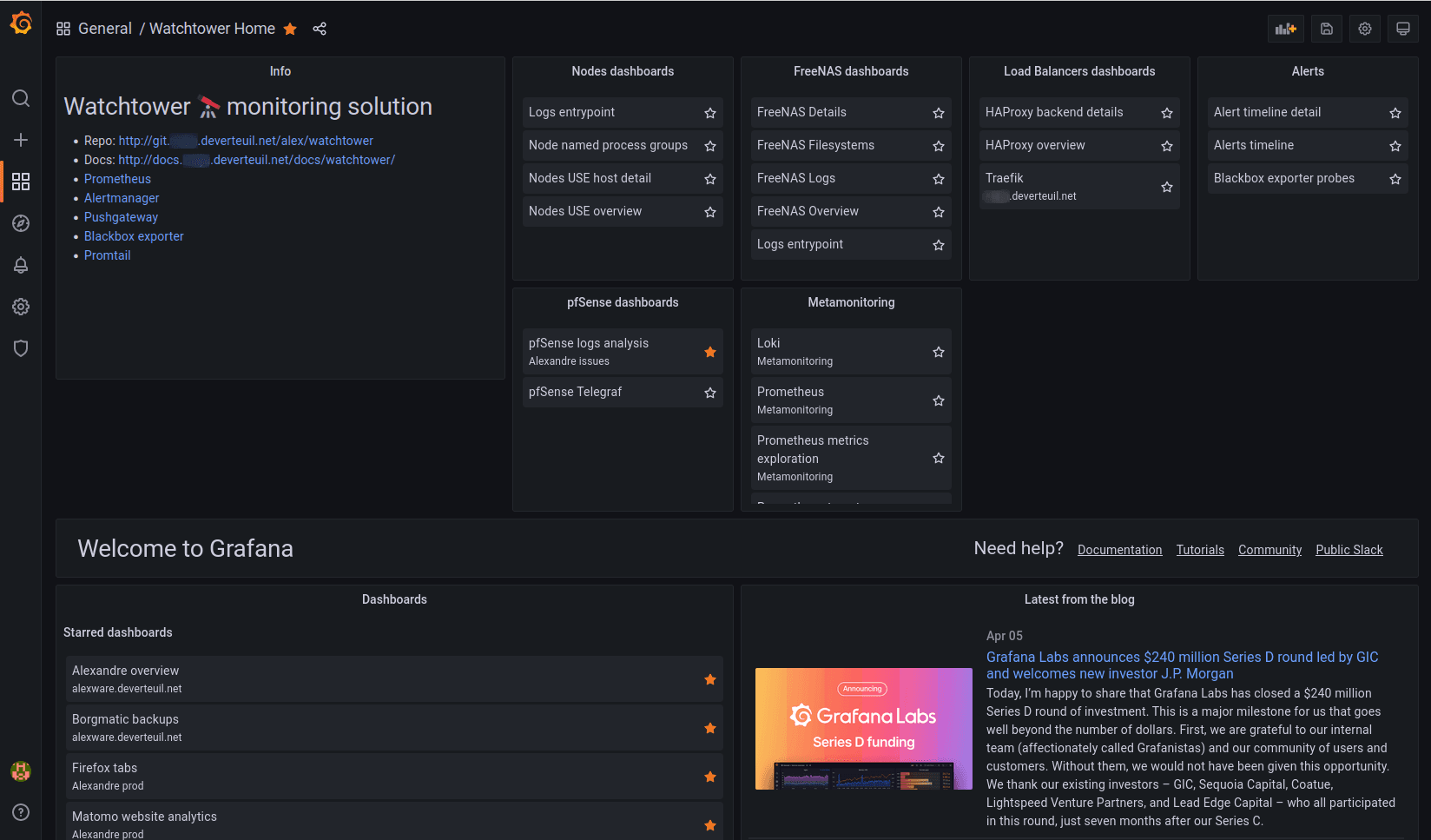 Screenshot of home screen for the author's self-hosted Watchtower observability solution.