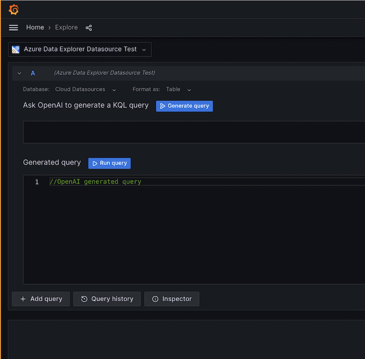 Screenshot of how AI works in Azure Data Explorer plugin in Grafana.