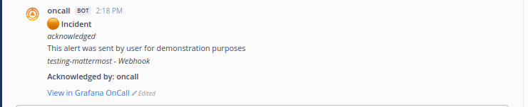 Incident acknowledged message from Grafana Oncall