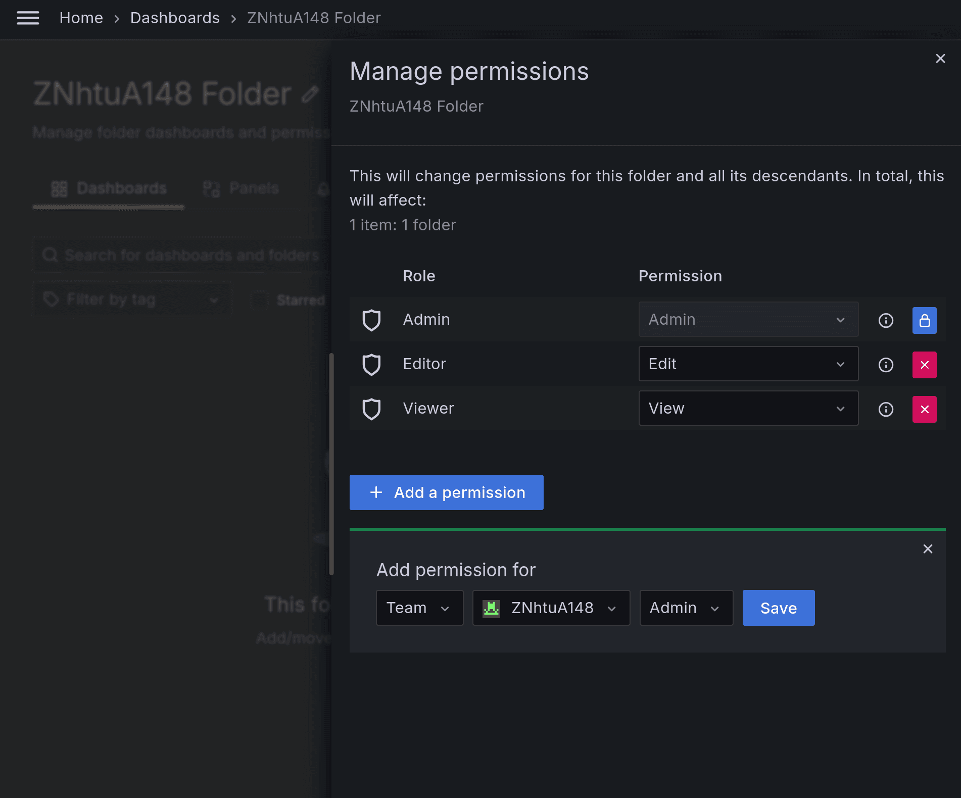 Manage permissions menu