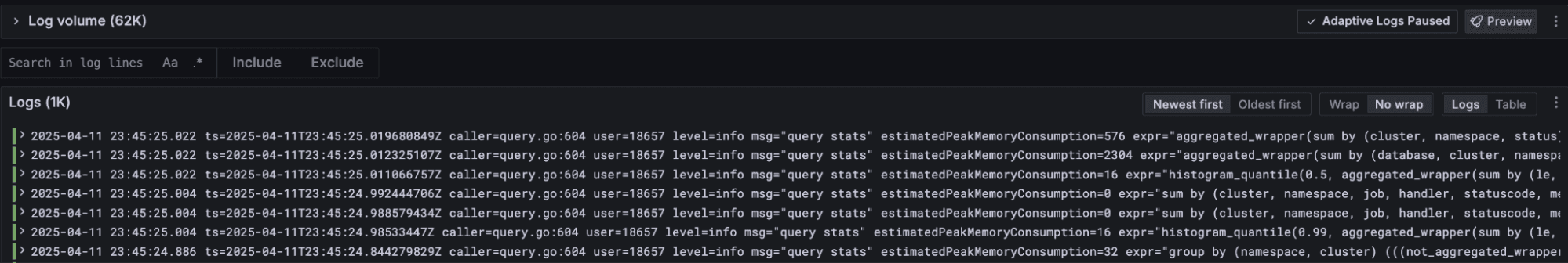 Adaptive Logs Paused enabled