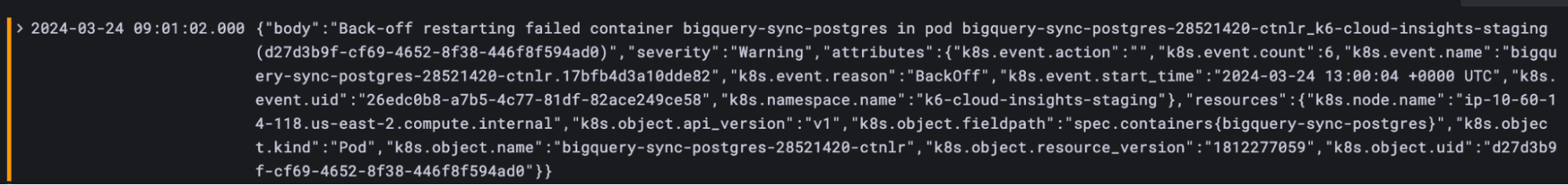 A Loki query using the Loki Exporter format