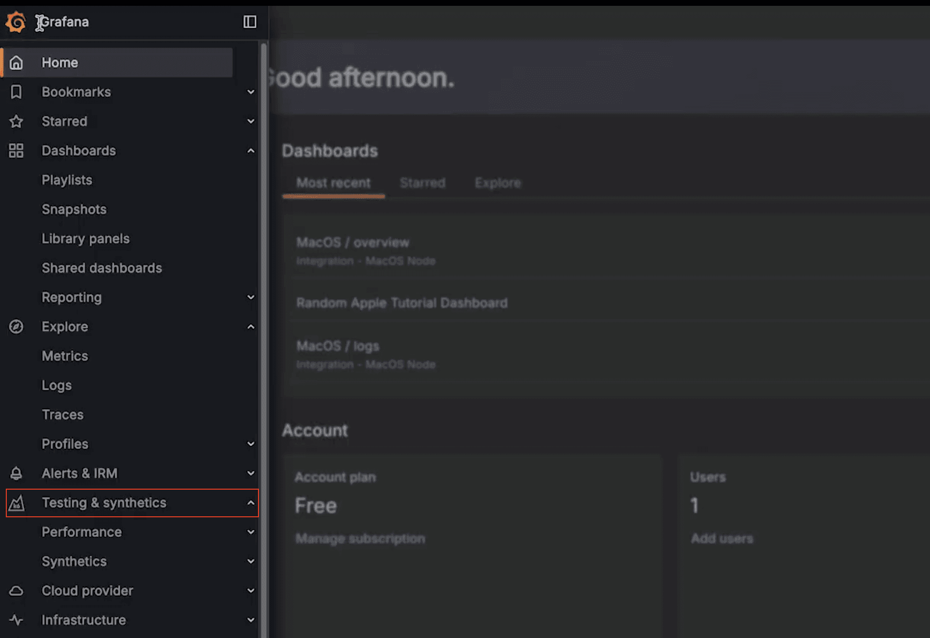 A screenshot showing where to find the Testing and synthetics option in the Grafana Cloud UI.