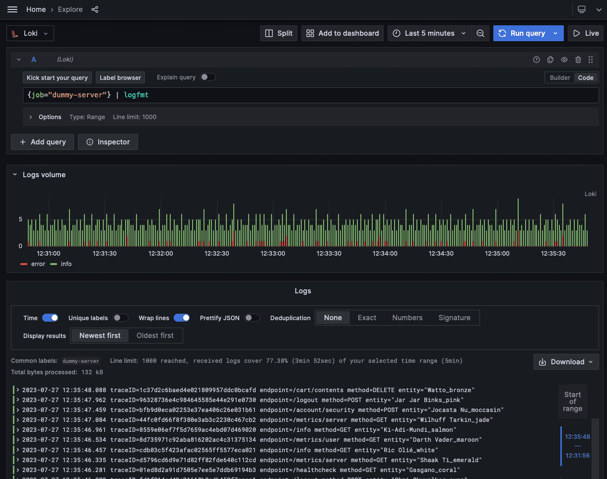 A screenshot of the Explore page in Grafana