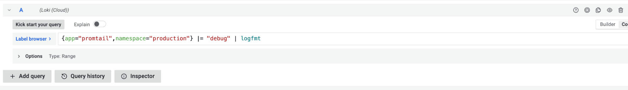 A screenshot of LogQL Parsers entered in the label selector in Loki.