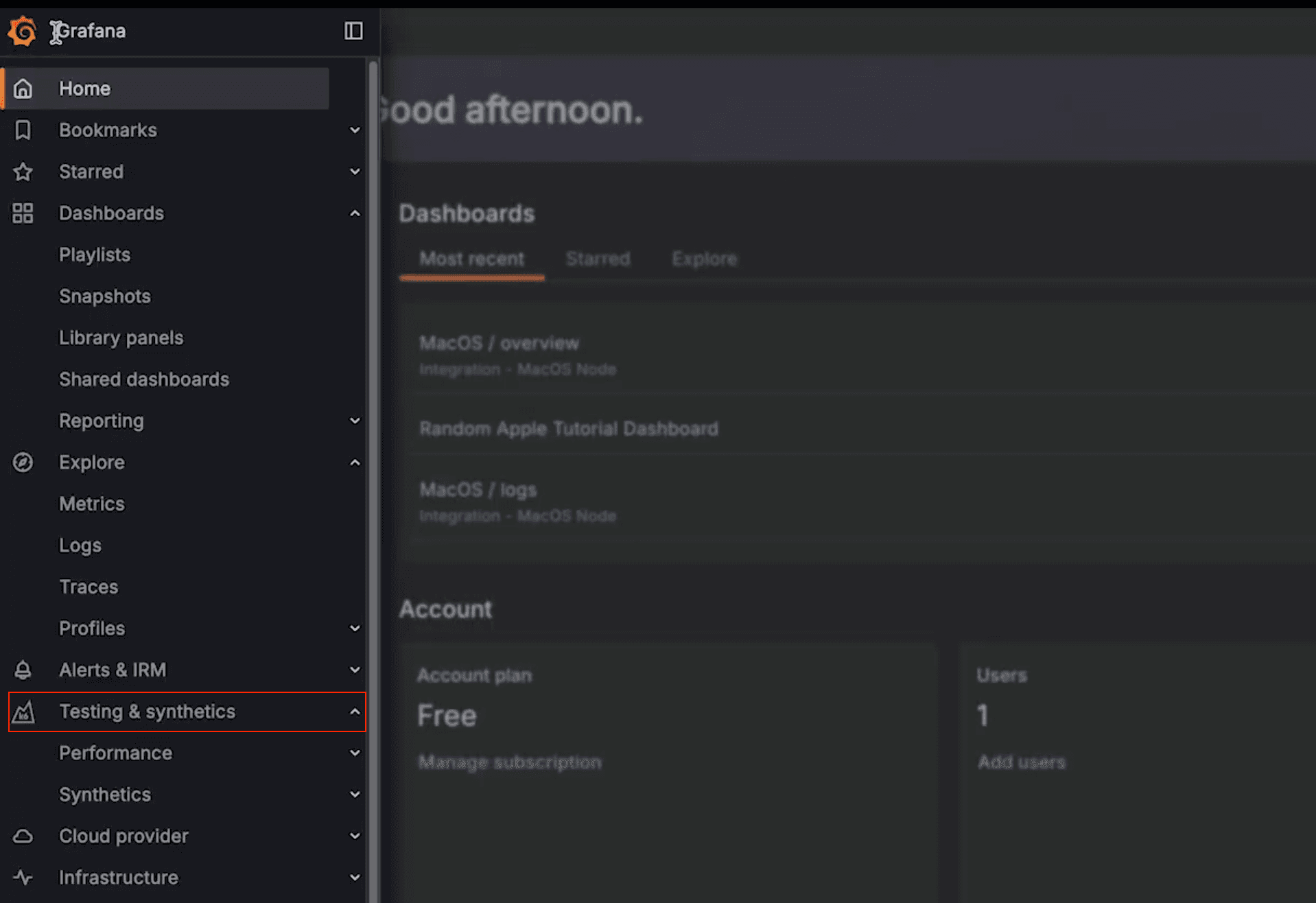 A screenshot showing how to navigate to Testing and synthetics in Grafana Cloud.