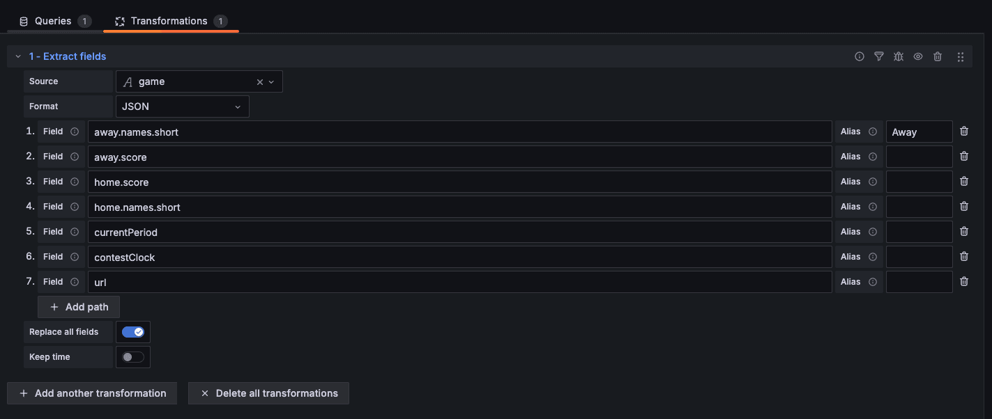 Transformation fields in Grafana