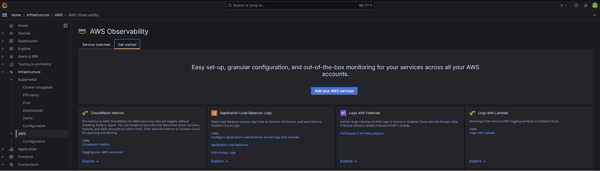 A screenshot of the AWS Observability app homepage