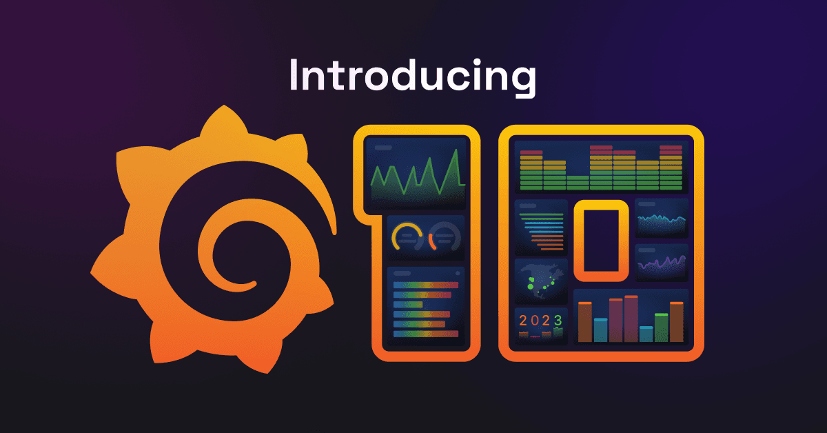 Illustration showcasing Grafana 10 with Grafana logo and dashboard images.