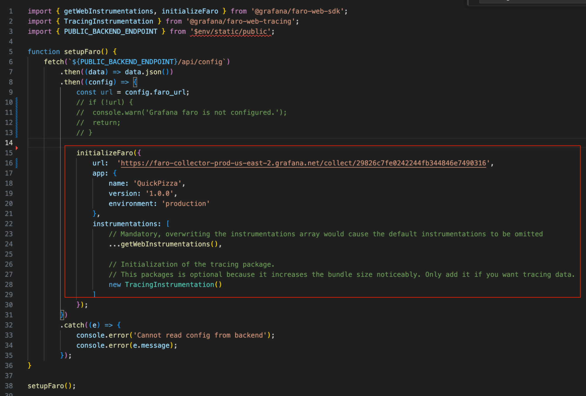 A screenshot of the code snippets being added to Faro.