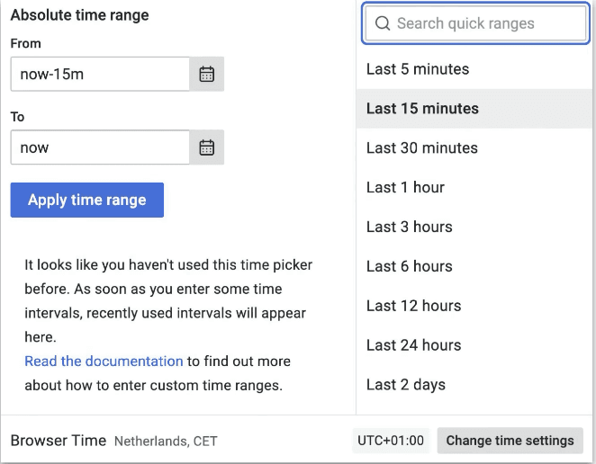A screenshot of the time-range selection in Grafana Loki.