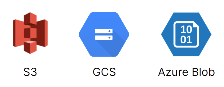 Logos for S3, GCS, Azure Blob