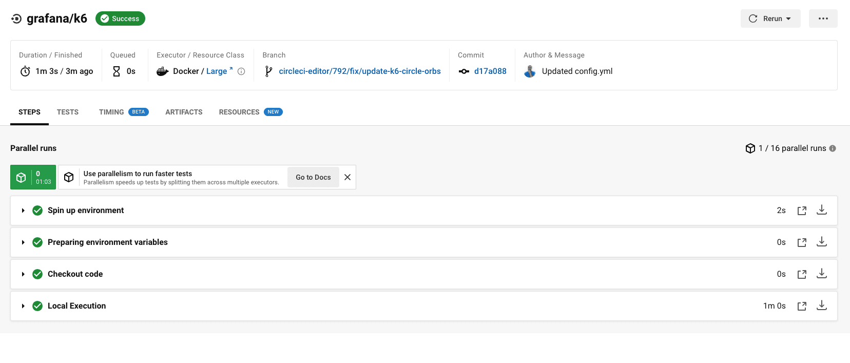 CircleCI successful build with a performance test.