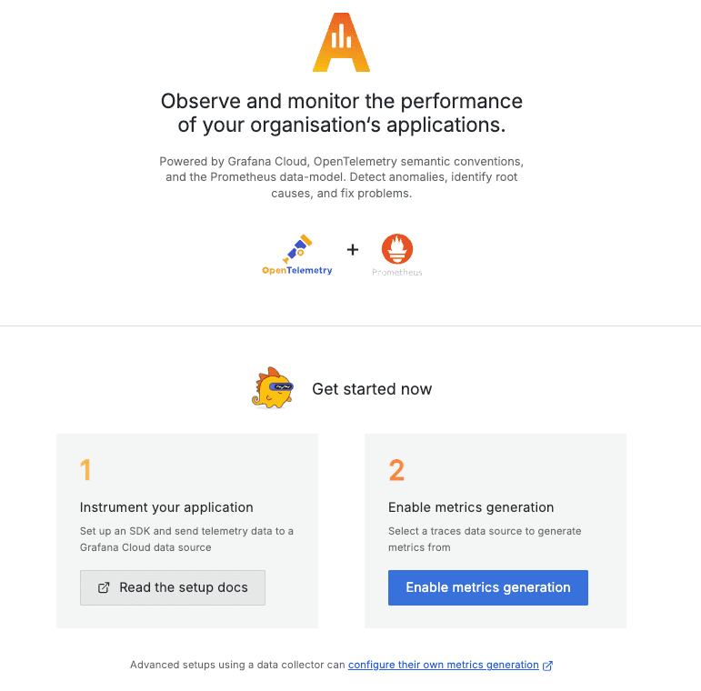 Application Observability get started page
